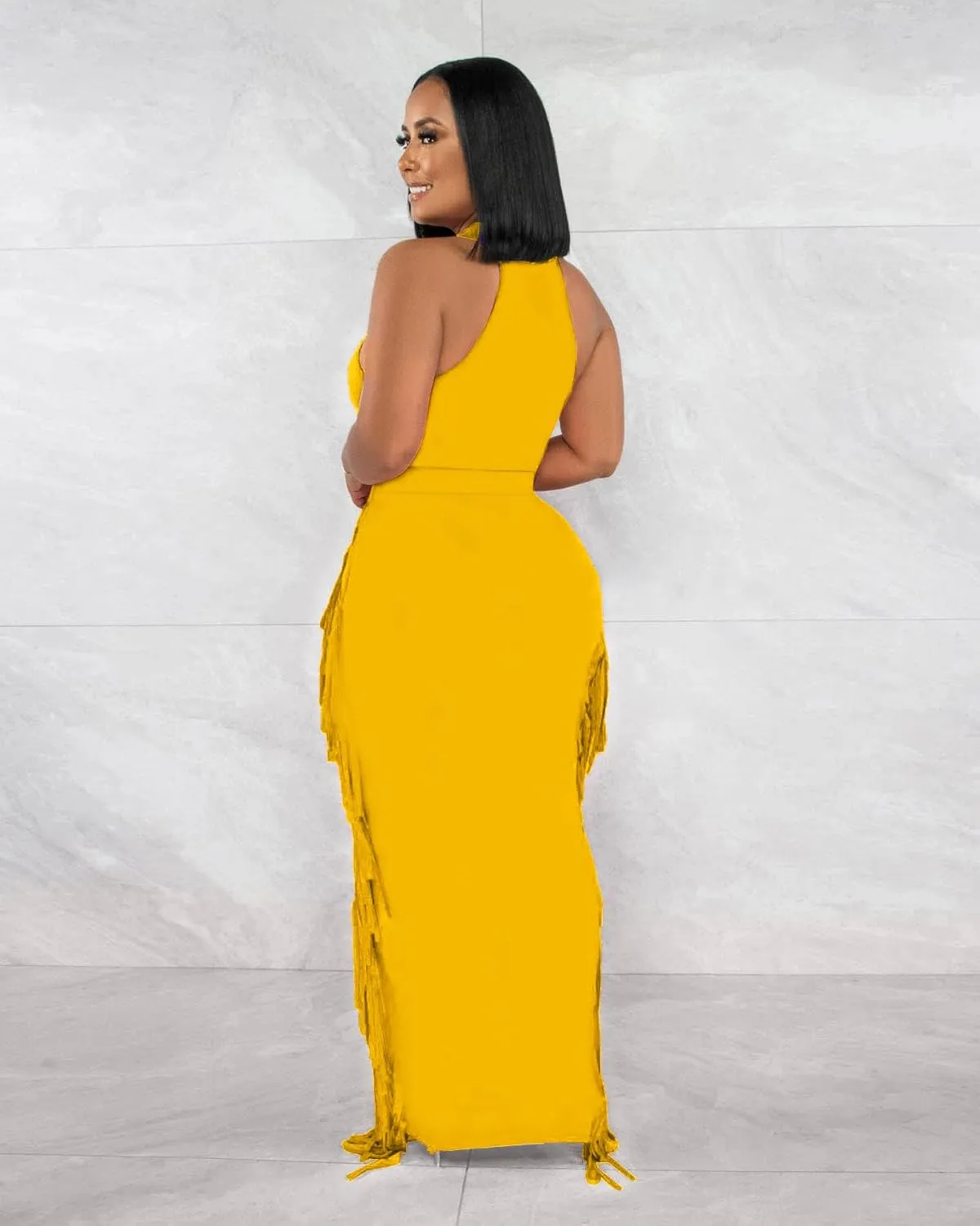 2 Piece Outfits for Women Sexy Halter Neck Sleeveless Crop Tops Ruched Bodycon Dresses Jumpsuits Fringe Skirt Sets