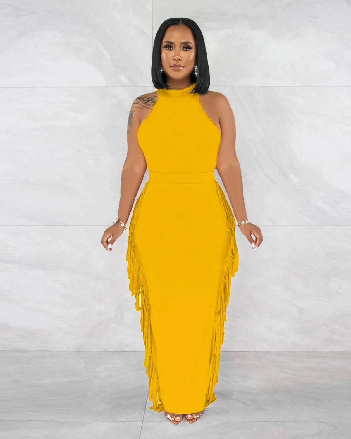 2 Piece Outfits for Women Sexy Halter Neck Sleeveless Crop Tops Ruched Bodycon Dresses Jumpsuits Fringe Skirt Sets