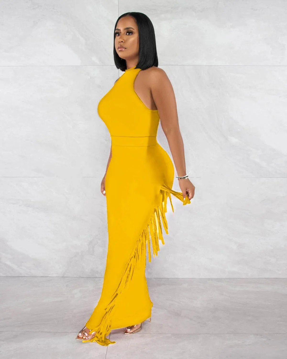 2 Piece Outfits for Women Sexy Halter Neck Sleeveless Crop Tops Ruched Bodycon Dresses Jumpsuits Fringe Skirt Sets