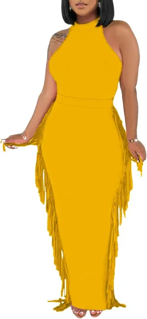 2 Piece Outfits for Women Sexy Halter Neck Sleeveless Crop Tops Ruched Bodycon Dresses Jumpsuits Fringe Skirt Sets