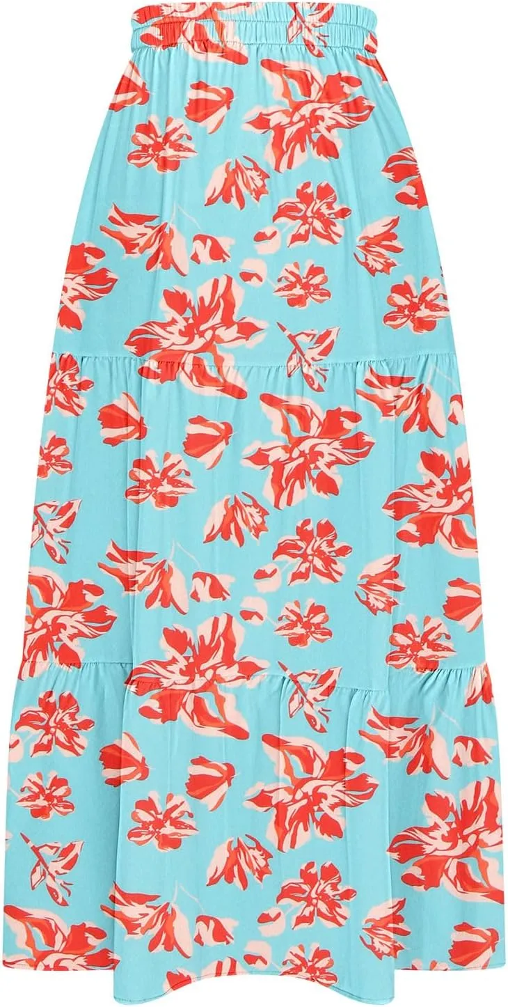 2025 Floral Skirts for Women Flowy Boho Summer Skirt Elastic Waist Bohemian Beach Maxi Skirt Resort Wear