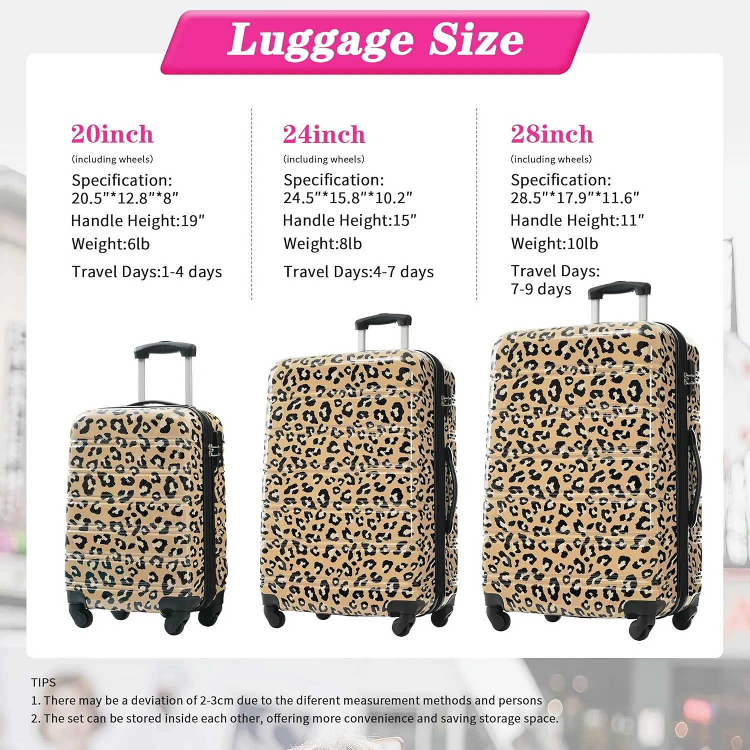 3-Piece Hardshell Suitcase Set with TSA Lock,Spinner Luggage, Light weight 360 Wheels for Travel and Vacation Essentials 20" 24" 28" (Brown Leopard)