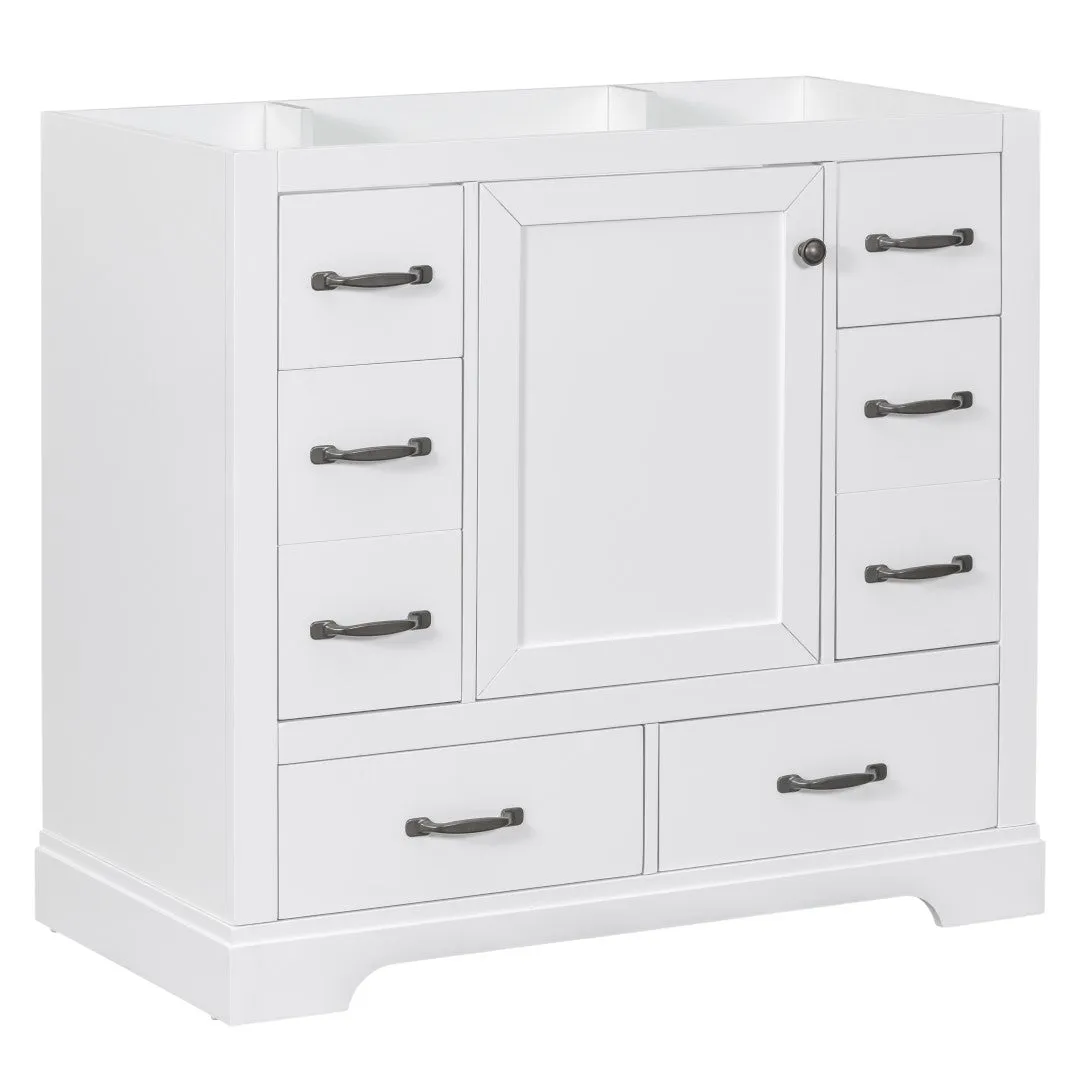 36" White Bathroom Vanity Cabinet Base, No Sink, 6 Drawers, Dividers, Adjustable Shelf