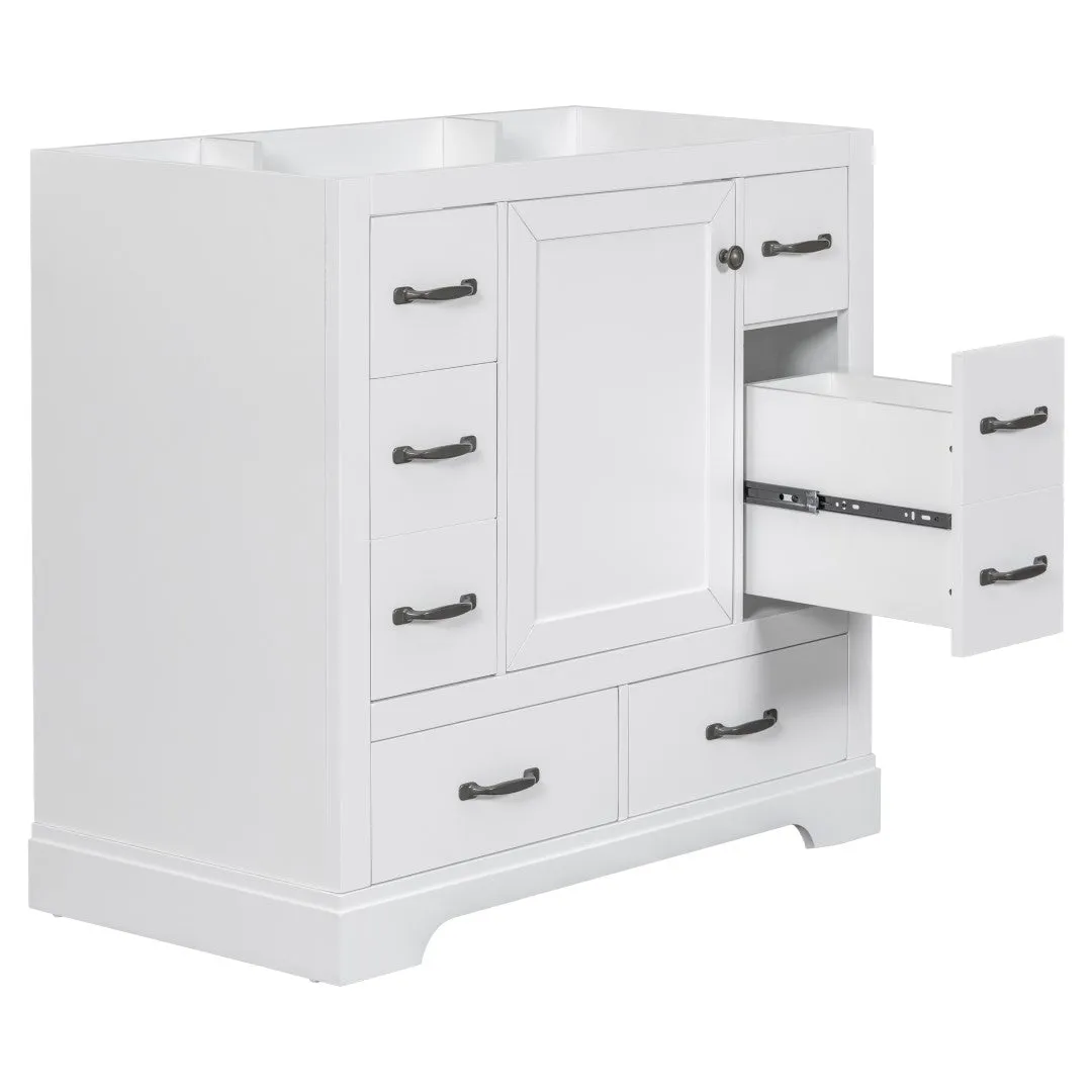 36" White Bathroom Vanity Cabinet Base, No Sink, 6 Drawers, Dividers, Adjustable Shelf