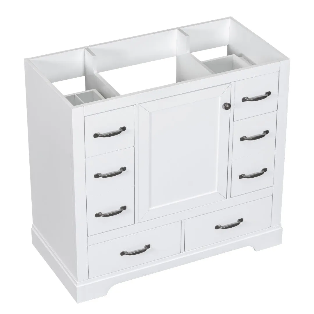 36" White Bathroom Vanity Cabinet Base, No Sink, 6 Drawers, Dividers, Adjustable Shelf