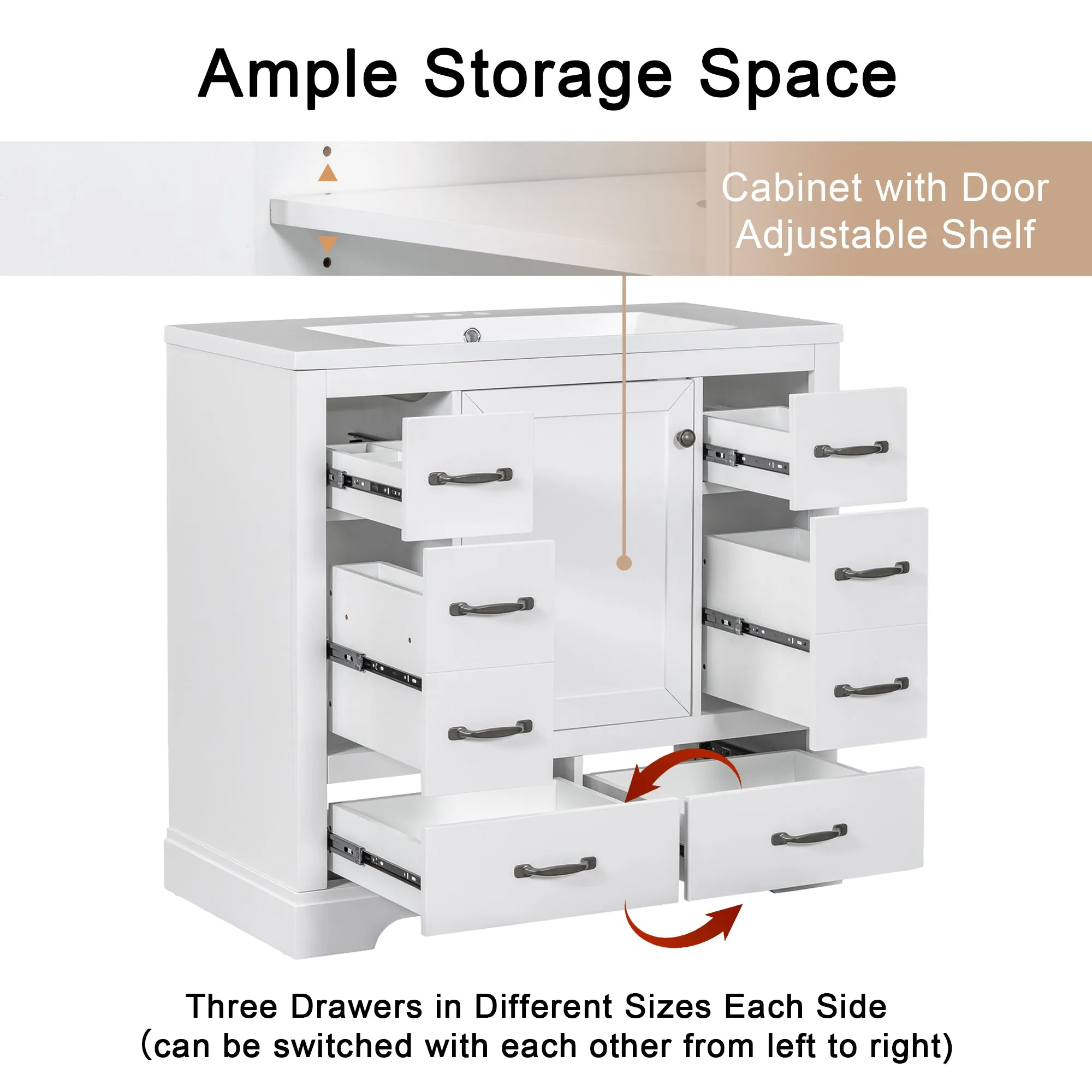 36" White Bathroom Vanity Cabinet Base, No Sink, 6 Drawers, Dividers, Adjustable Shelf
