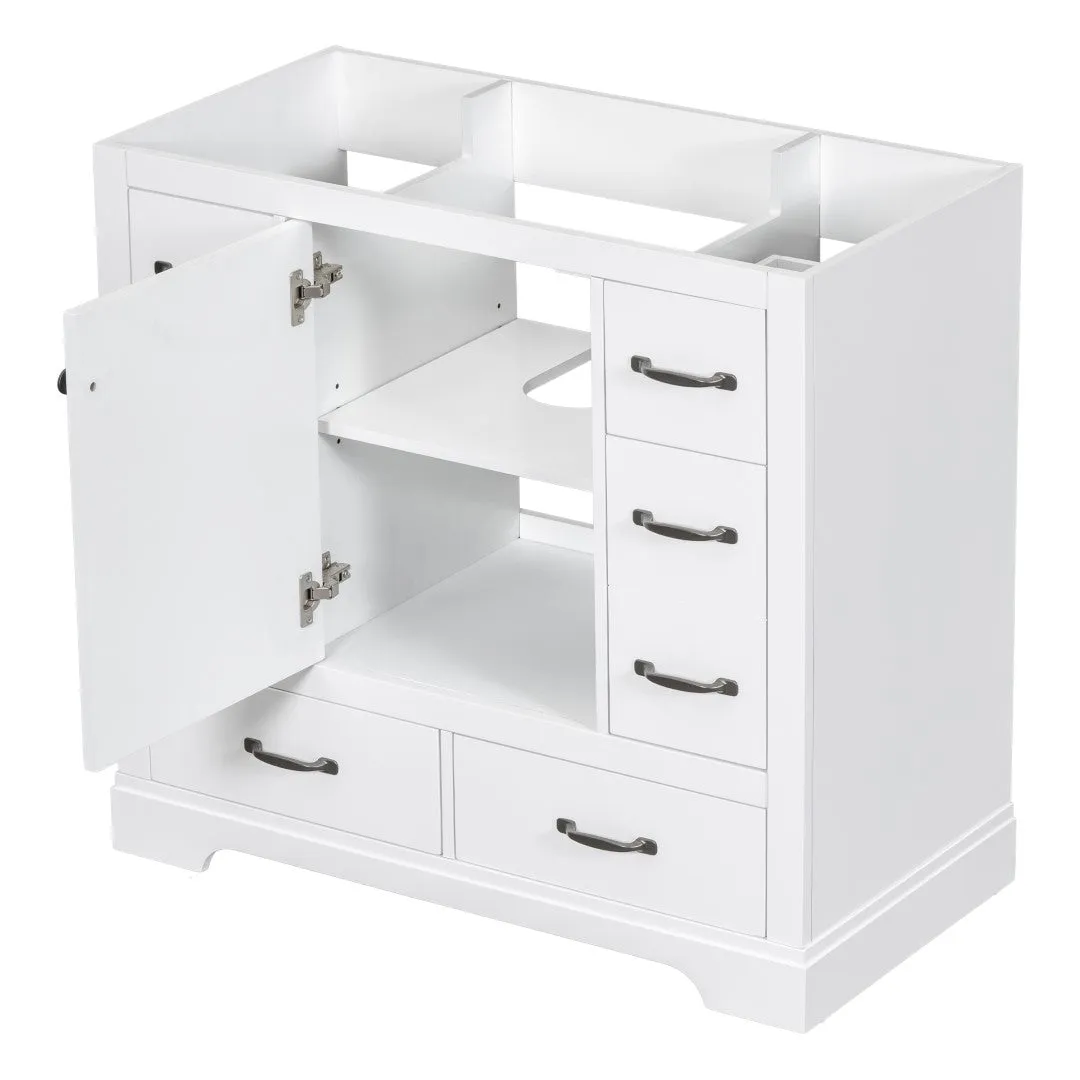 36" White Bathroom Vanity Cabinet Base, No Sink, 6 Drawers, Dividers, Adjustable Shelf