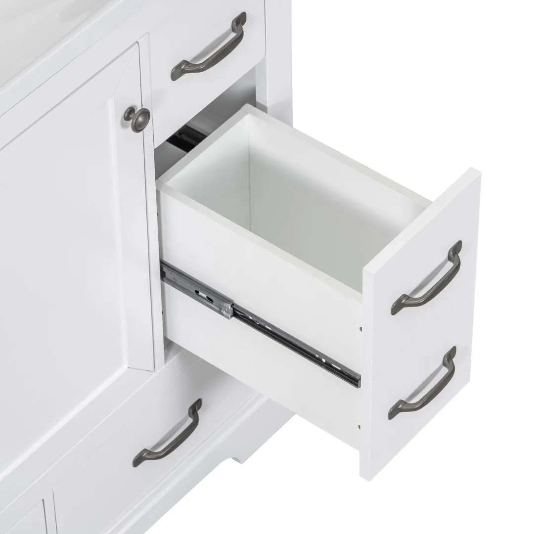 36" White Bathroom Vanity Cabinet Base, No Sink, 6 Drawers, Dividers, Adjustable Shelf
