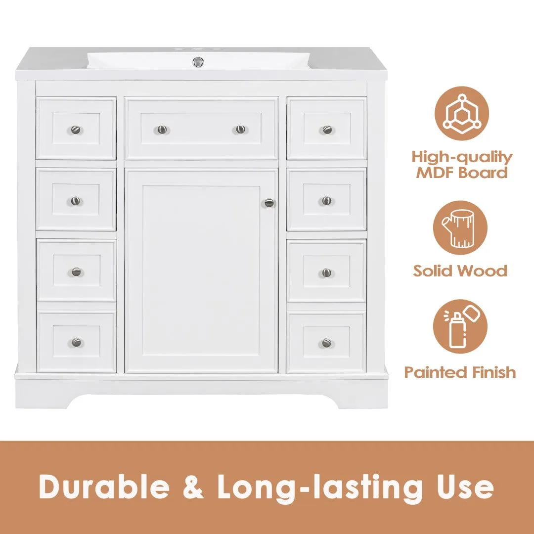 36" White Bathroom Vanity Cabinet Base, No Sink, 6 Drawers, Dividers, Adjustable Shelf
