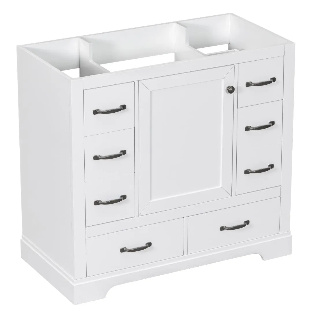 36" White Bathroom Vanity Cabinet Base, No Sink, 6 Drawers, Dividers, Adjustable Shelf