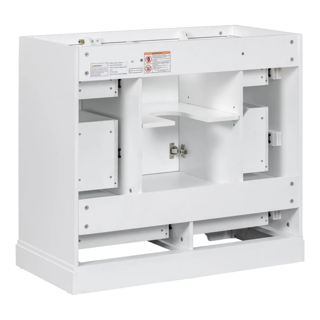 36" White Bathroom Vanity Cabinet Base, No Sink, 6 Drawers, Dividers, Adjustable Shelf