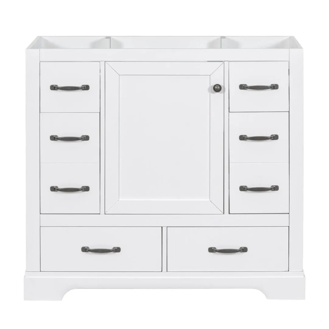 36" White Bathroom Vanity Cabinet Base, No Sink, 6 Drawers, Dividers, Adjustable Shelf