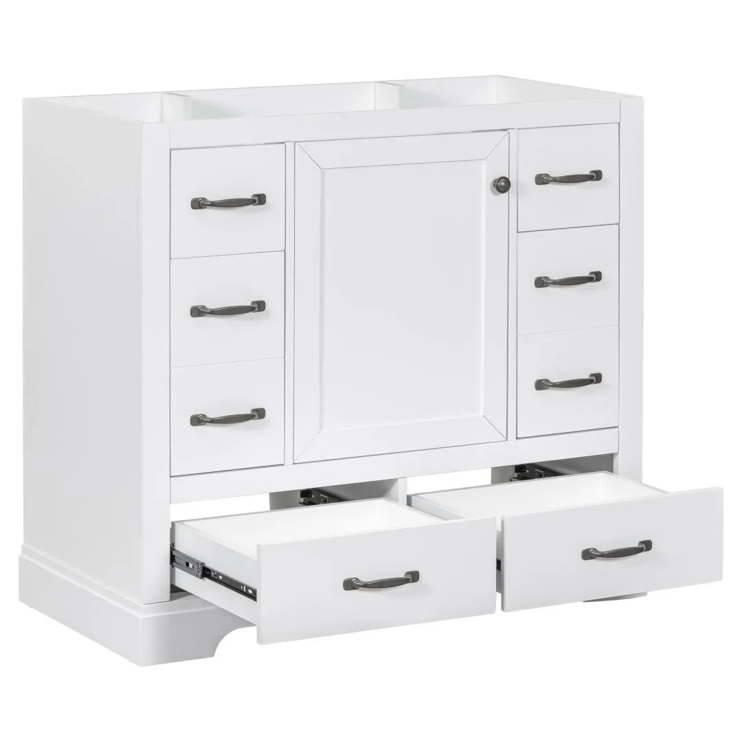 36" White Bathroom Vanity Cabinet Base, No Sink, 6 Drawers, Dividers, Adjustable Shelf
