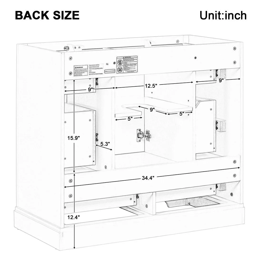 36" White Bathroom Vanity Cabinet Base, No Sink, 6 Drawers, Dividers, Adjustable Shelf