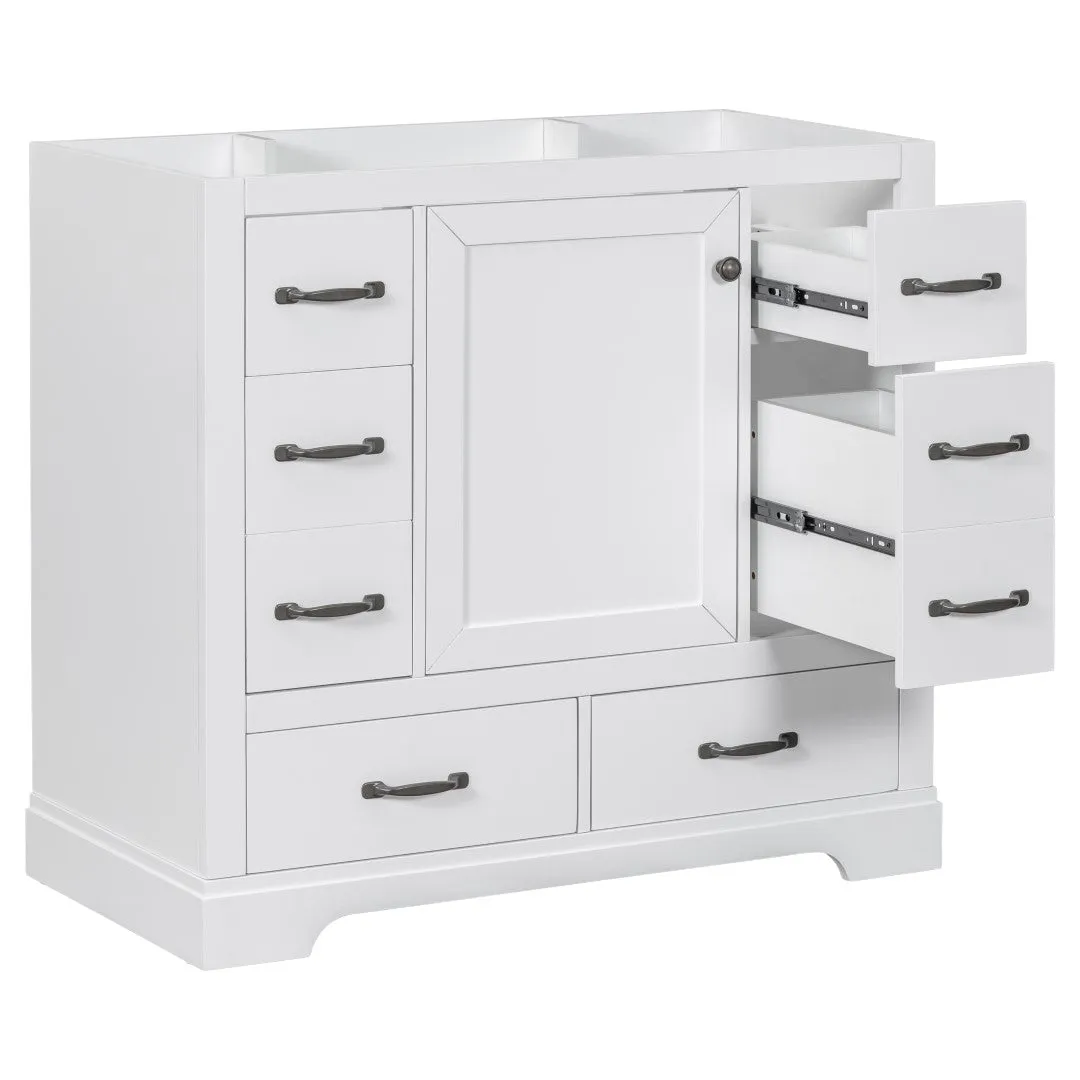 36" White Bathroom Vanity Cabinet Base, No Sink, 6 Drawers, Dividers, Adjustable Shelf