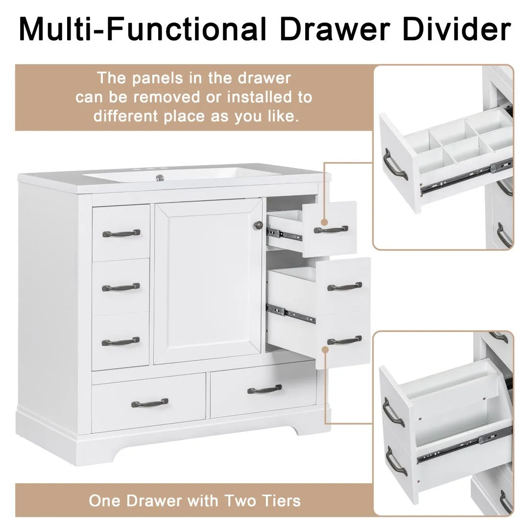 36" White Bathroom Vanity Cabinet Base, No Sink, 6 Drawers, Dividers, Adjustable Shelf