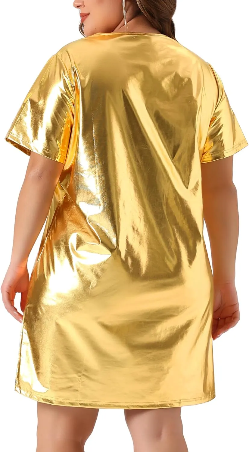 Agnes Orinda Plus Size Dress for Women Metallic Round Neck Short Sleeve Party Clubwear Loose Mini T-Shirt Dress