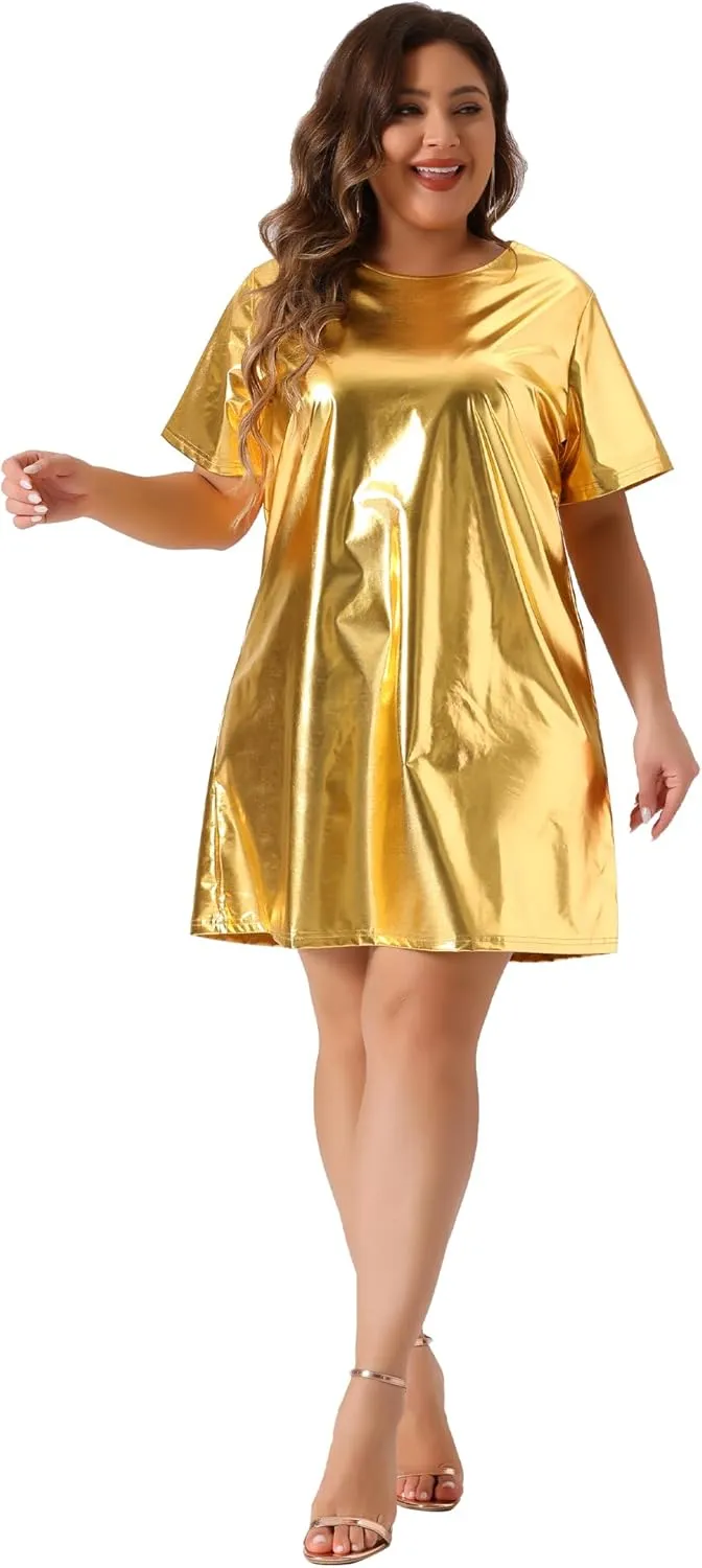 Agnes Orinda Plus Size Dress for Women Metallic Round Neck Short Sleeve Party Clubwear Loose Mini T-Shirt Dress