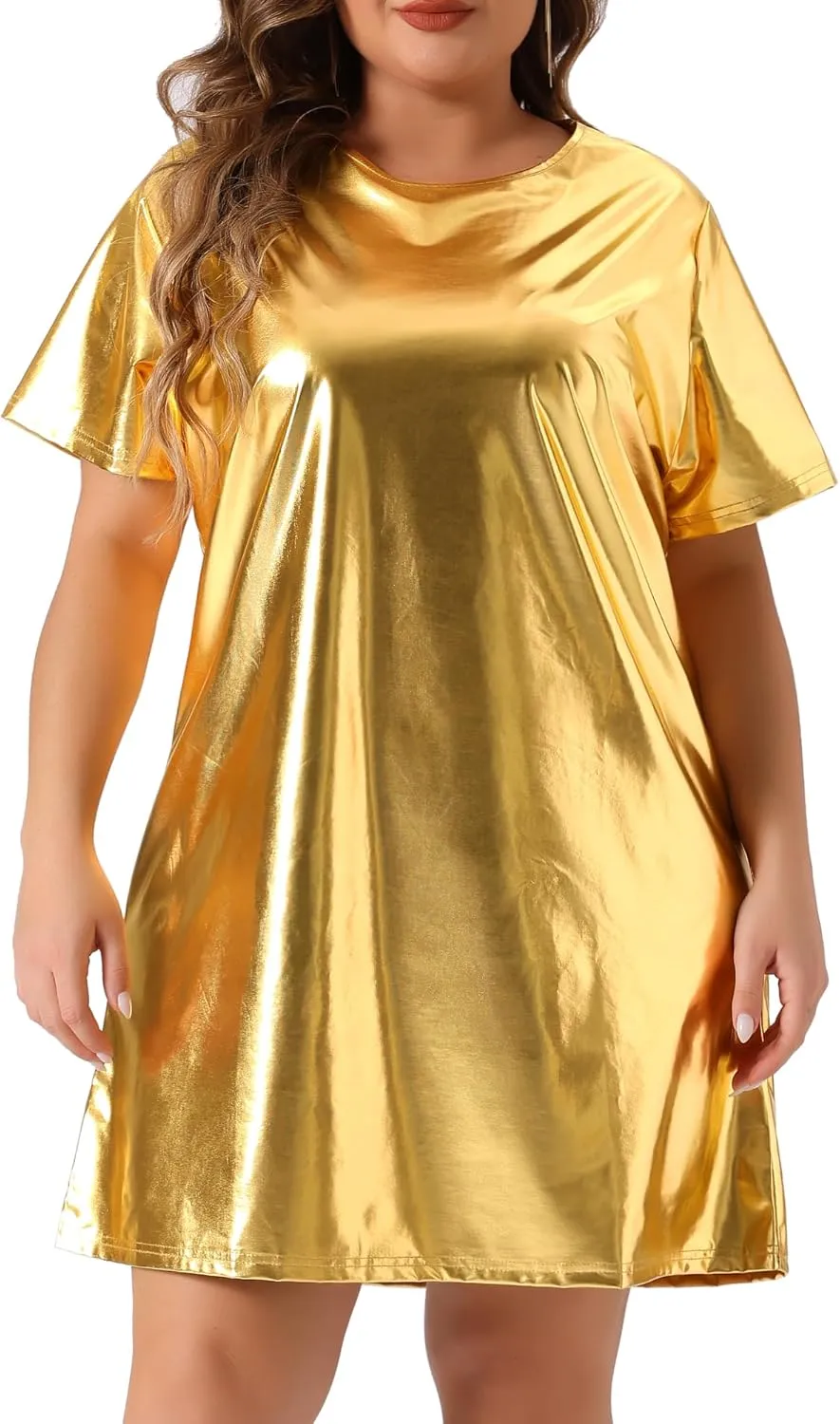 Agnes Orinda Plus Size Dress for Women Metallic Round Neck Short Sleeve Party Clubwear Loose Mini T-Shirt Dress