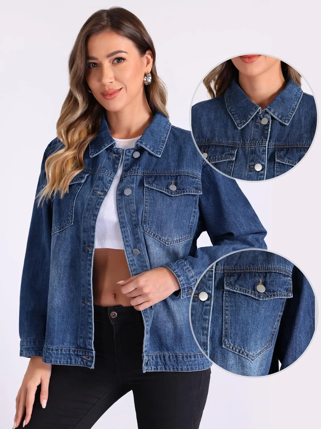 Allegra K Denim Jacket for Women's Vintage Button Down Long Sleeve Jacket