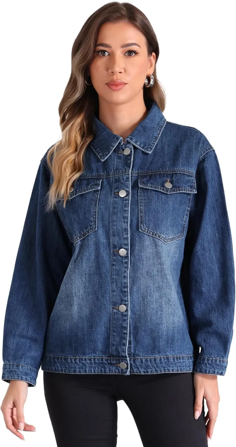 Allegra K Denim Jacket for Women's Vintage Button Down Long Sleeve Jacket