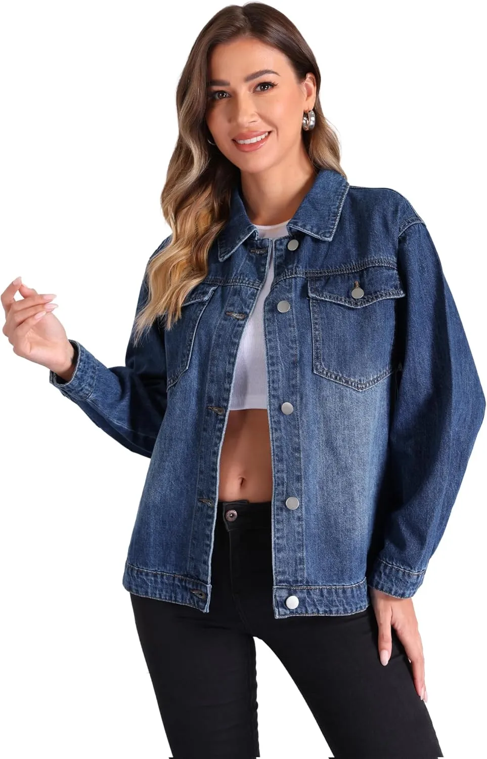Allegra K Denim Jacket for Women's Vintage Button Down Long Sleeve Jacket