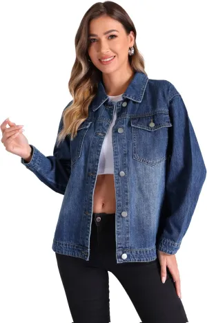 Allegra K Denim Jacket for Women's Vintage Button Down Long Sleeve Jacket