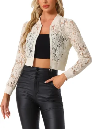 Allegra K Women's Crop Jacket Stand Collar Zip Up Sexy Sheer Gothic Lace Lightweight Baseball Jacket
