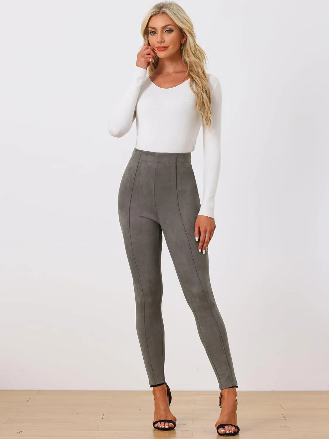 Allegra K Women's Faux Suede Leggings High Waisted Stretch Slim Casual Pants