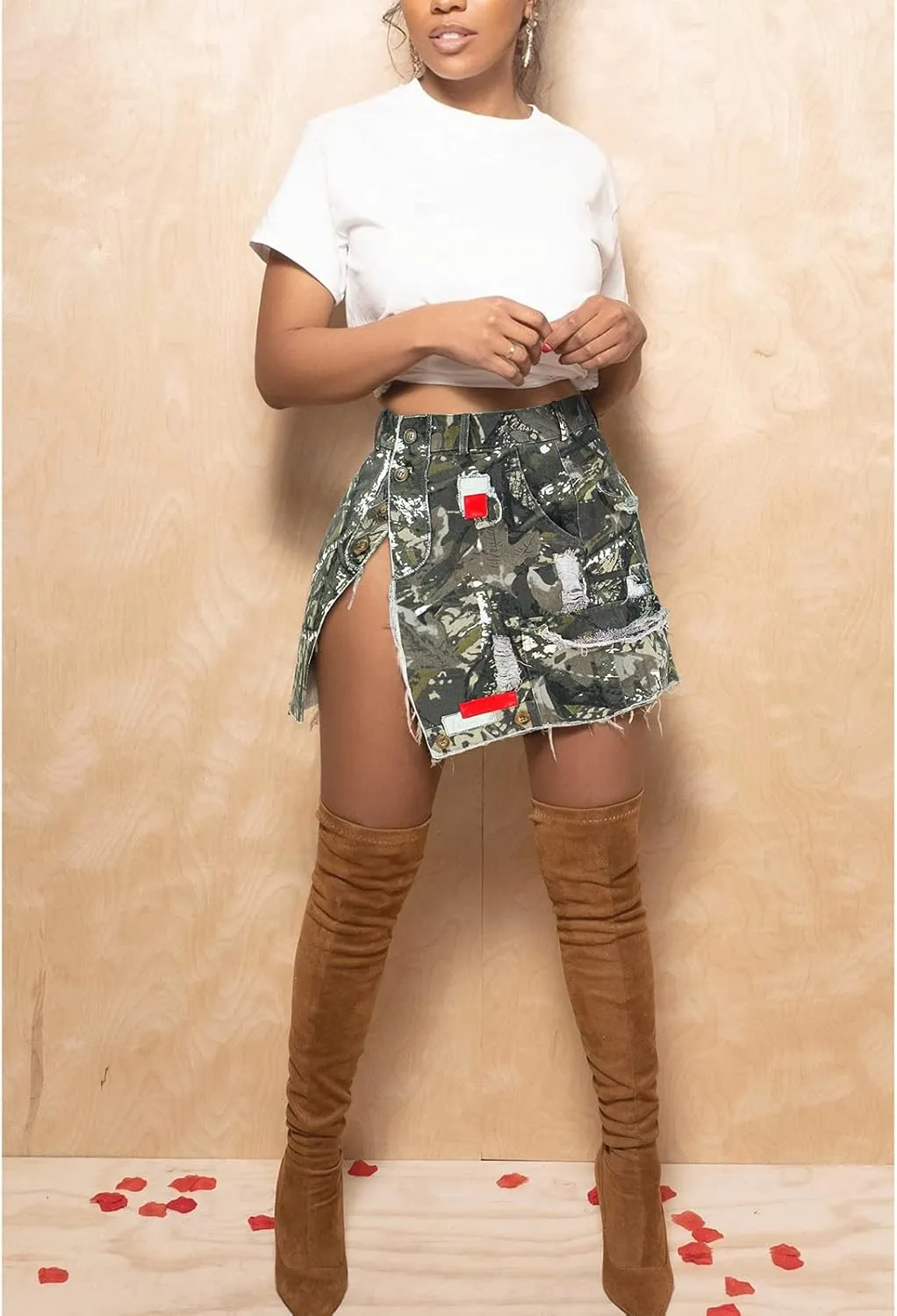 Alunzoem Camo Skirts for Women High Waist Short Cargo Pencil Slit Button Camouflage Mini Skirt with Pockets