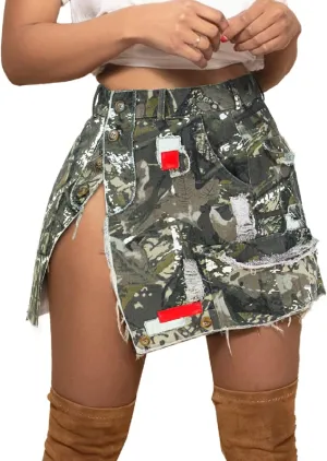 Alunzoem Camo Skirts for Women High Waist Short Cargo Pencil Slit Button Camouflage Mini Skirt with Pockets