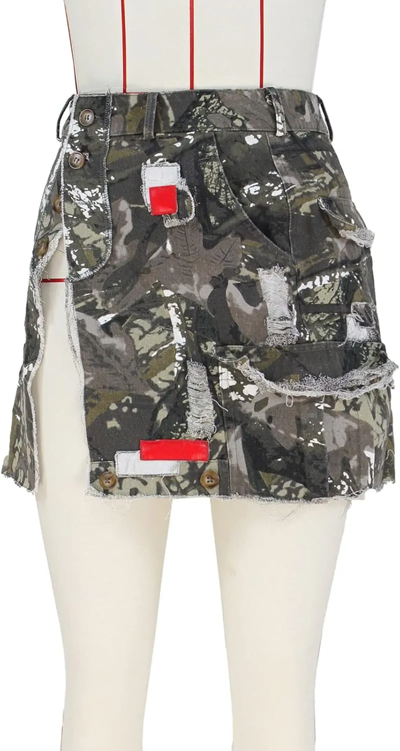 Alunzoem Camo Skirts for Women High Waist Short Cargo Pencil Slit Button Camouflage Mini Skirt with Pockets
