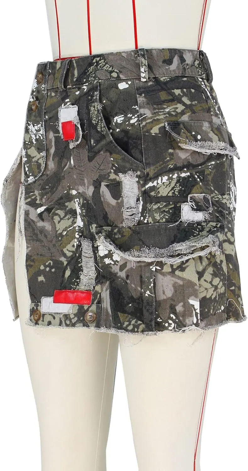 Alunzoem Camo Skirts for Women High Waist Short Cargo Pencil Slit Button Camouflage Mini Skirt with Pockets