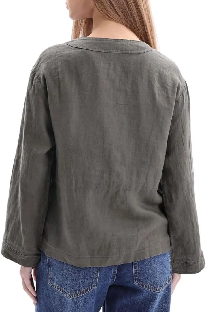 Amazhiyu Women's 100% Linen Long Sleeve Button Up Crew Neck Lightweight Cardigan