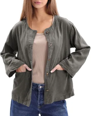 Amazhiyu Women's 100% Linen Long Sleeve Button Up Crew Neck Lightweight Cardigan