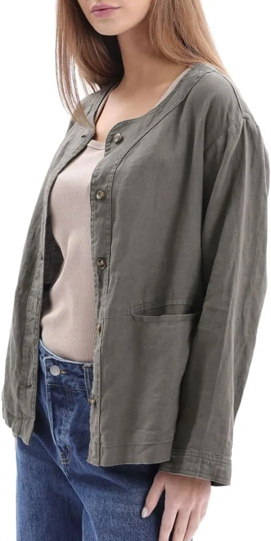 Amazhiyu Women's 100% Linen Long Sleeve Button Up Crew Neck Lightweight Cardigan