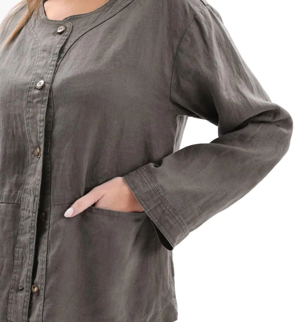 Amazhiyu Women's 100% Linen Long Sleeve Button Up Crew Neck Lightweight Cardigan