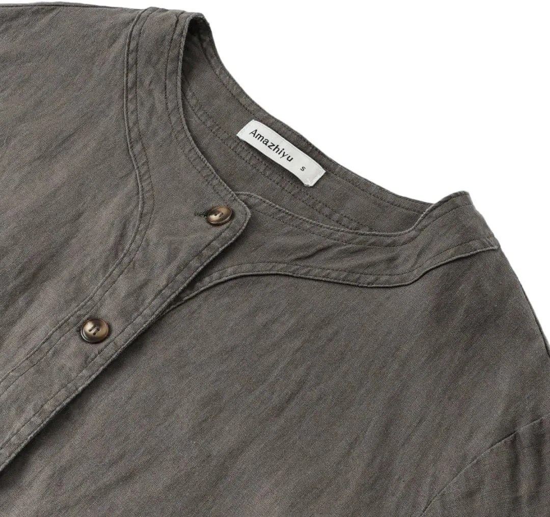 Amazhiyu Women's 100% Linen Long Sleeve Button Up Crew Neck Lightweight Cardigan