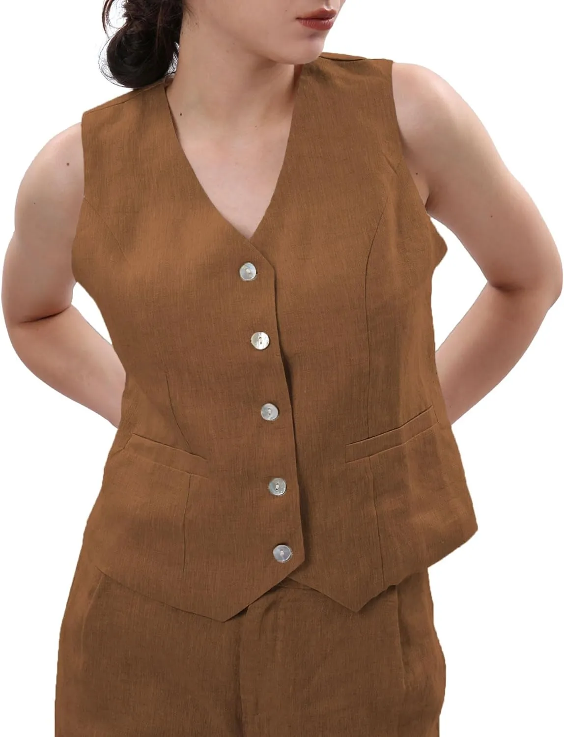 Amazhiyu Women's 100% Linen Sleeveless Button Down Crop Top Tie Back Waistcoat Vest