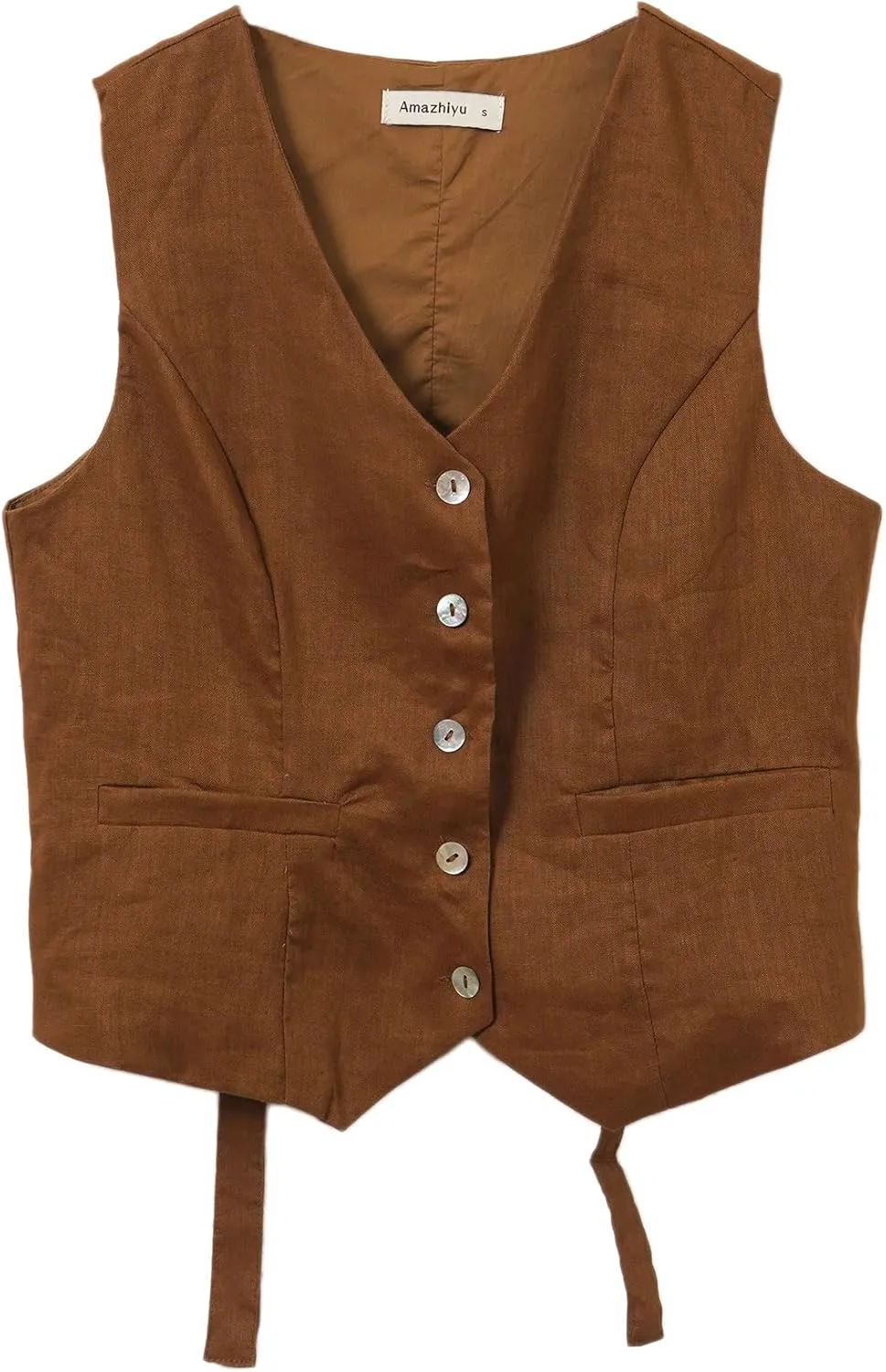 Amazhiyu Women's 100% Linen Sleeveless Button Down Crop Top Tie Back Waistcoat Vest
