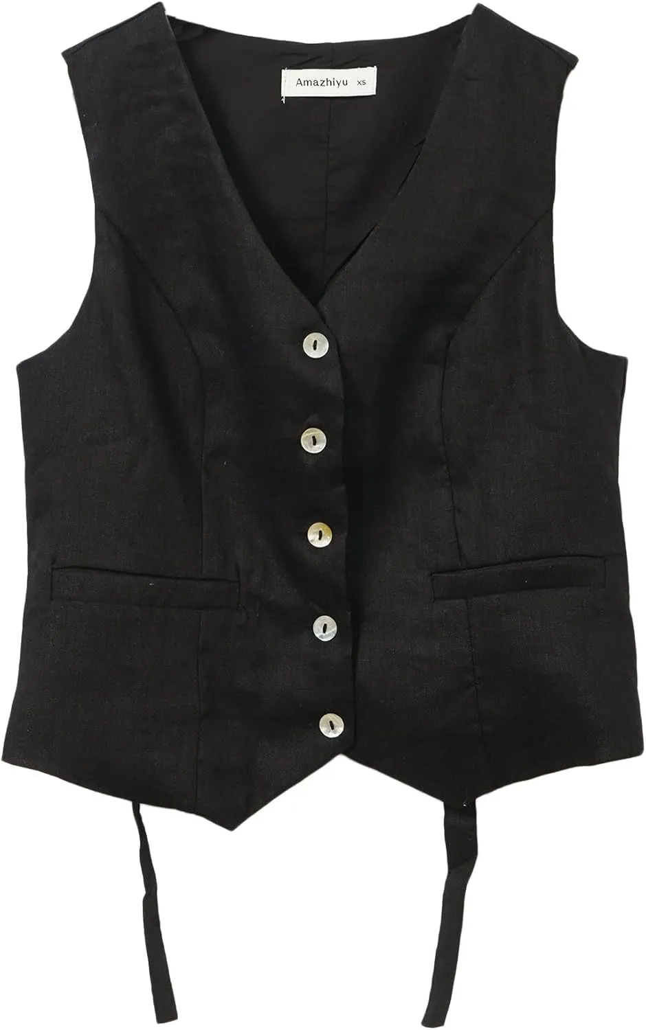 Amazhiyu Women's 100% Linen Sleeveless Button Down Crop Top Tie Back Waistcoat Vest
