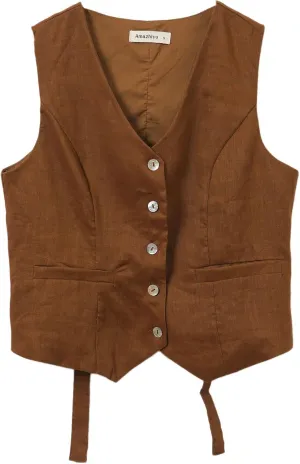 Amazhiyu Women's 100% Linen Sleeveless Button Down Crop Top Tie Back Waistcoat Vest