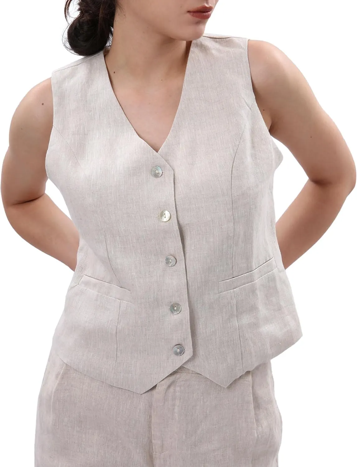 Amazhiyu Women's 100% Linen Sleeveless Button Down Crop Top Tie Back Waistcoat Vest