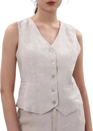 Amazhiyu Women's 100% Linen Sleeveless Button Down Crop Top Tie Back Waistcoat Vest
