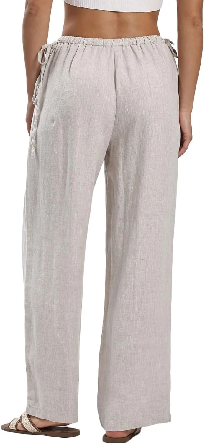 Amazhiyu Women's 100% Linen Wide-Leg Pants Summer Casual Lounge Palazzo Pockets