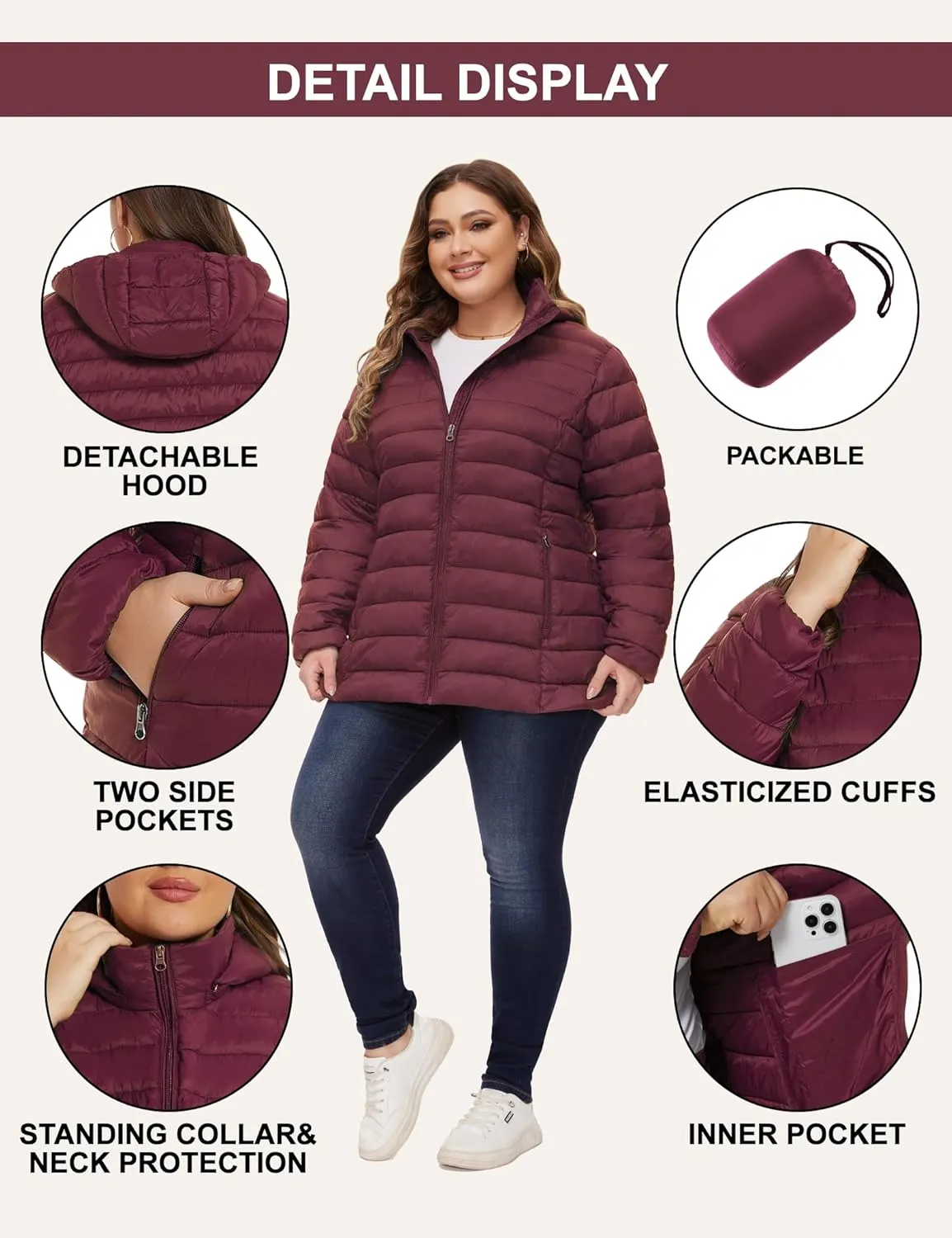 ANOTHER CHOICE Plus Size Packable Puffer Coat for Women, Light Weight Winter Jacket with Hood
