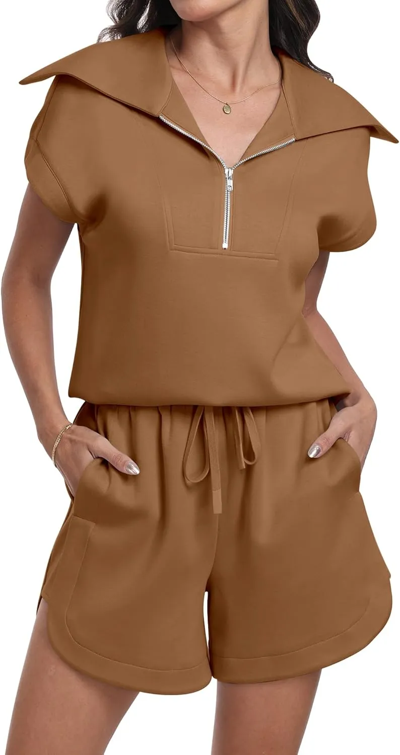 ANRABESS Two Piece Sets for Women Summer Half Zip Short Set Sweatsuit 2 Piece Outfits Sweat Lounge Sets Tracksuit