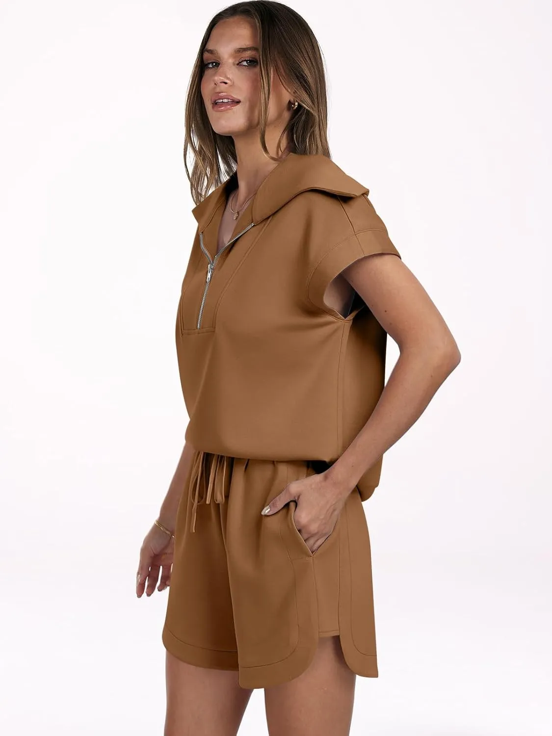 ANRABESS Two Piece Sets for Women Summer Half Zip Short Set Sweatsuit 2 Piece Outfits Sweat Lounge Sets Tracksuit