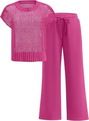 ANRABESS Women Two Piece Outfits Crochet Sheer Knit Sweater Top Wide Leg Pants Lounge Matching Sets Sweatsuit Travel Clothes