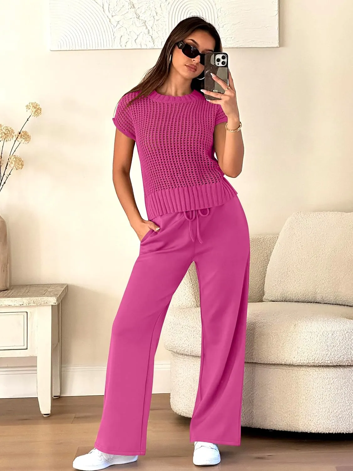 ANRABESS Women Two Piece Outfits Crochet Sheer Knit Sweater Top Wide Leg Pants Lounge Matching Sets Sweatsuit Travel Clothes